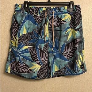 Hurley Blue and Black Swim Trunks with Tropical Design Size Large